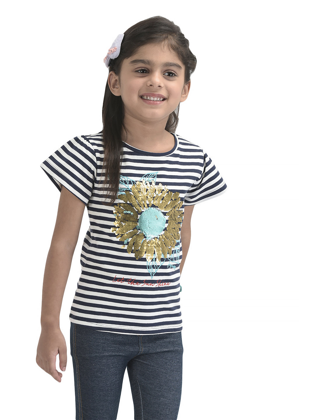 Girls Sequence Sunflower Work Half sleeve Bio-Washed T-Shirt - Pink & Blue