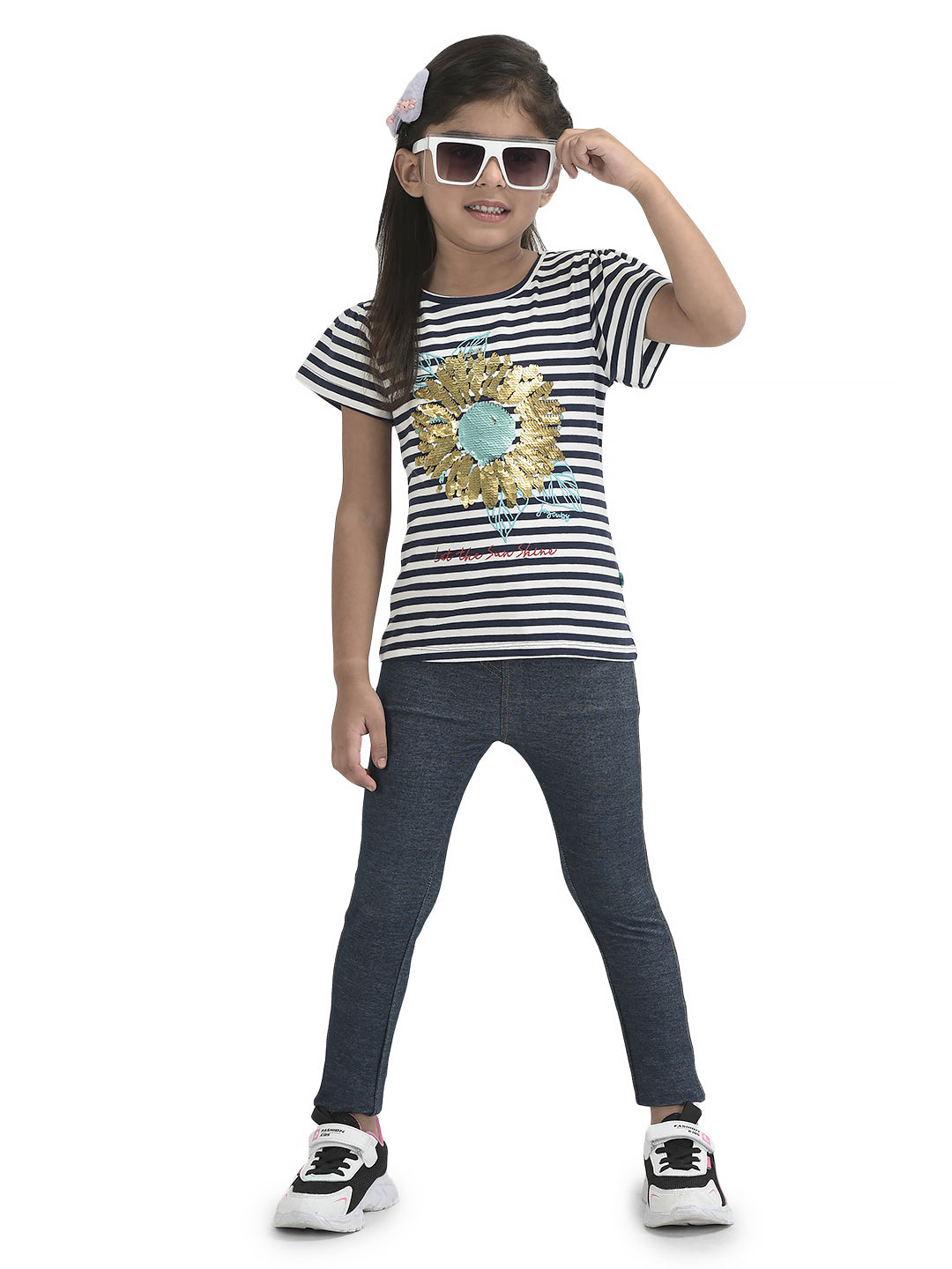 Girls Sequence Sunflower Work Half sleeve Bio-Washed T-Shirt - Pink & Blue