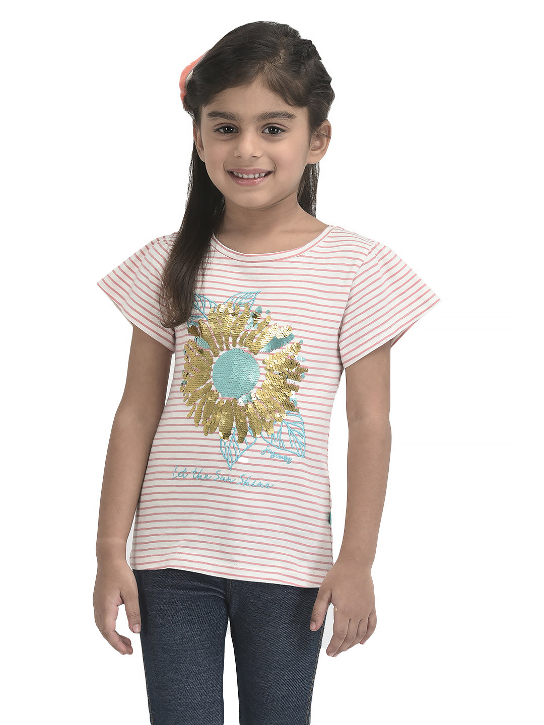 Girls Sequence Sunflower Work Half sleeve Bio-Washed T-Shirt - Pink & Blue