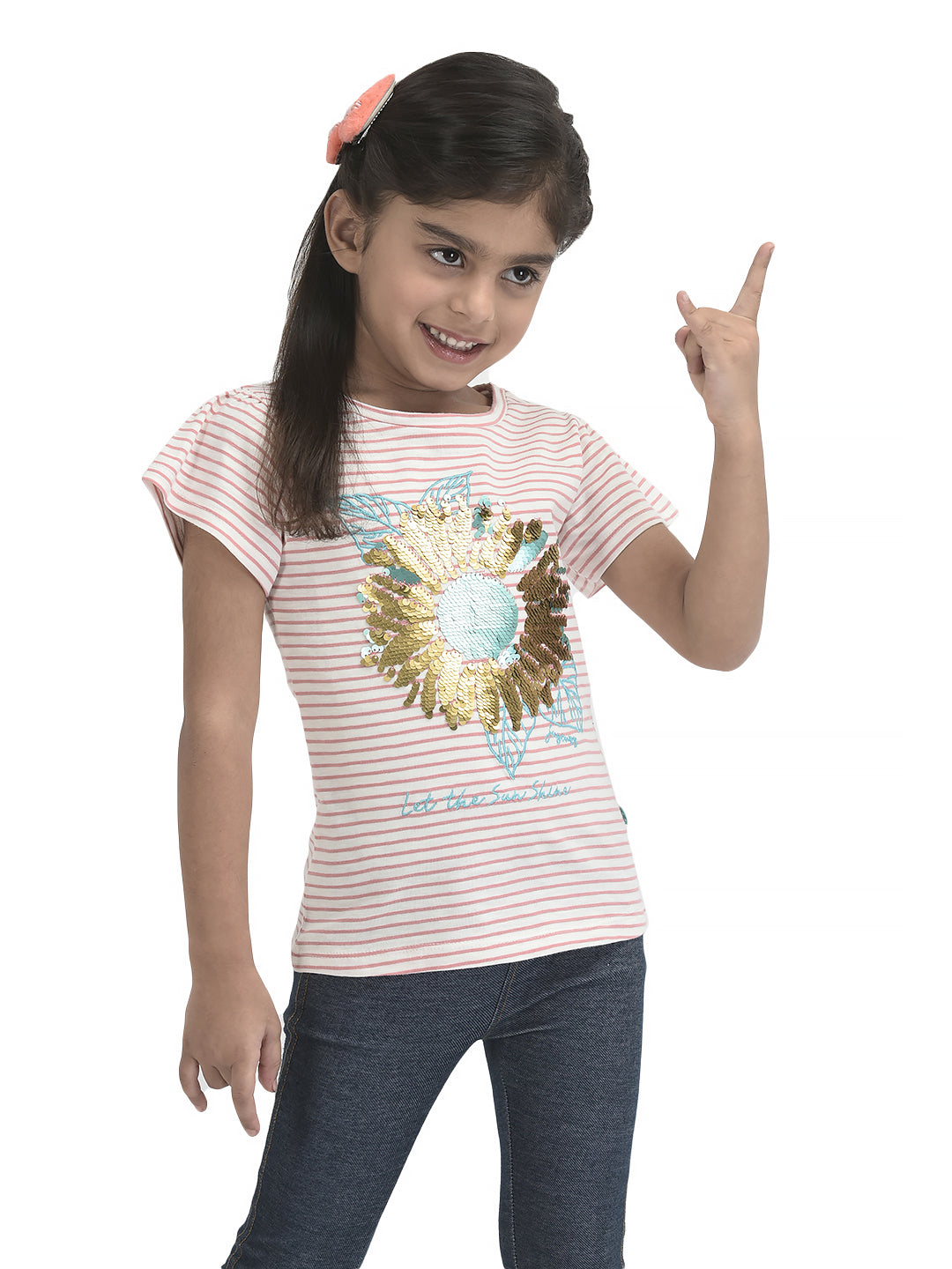 Girls Sequence Sunflower Work Half sleeve Bio-Washed T-Shirt - Pink & Blue