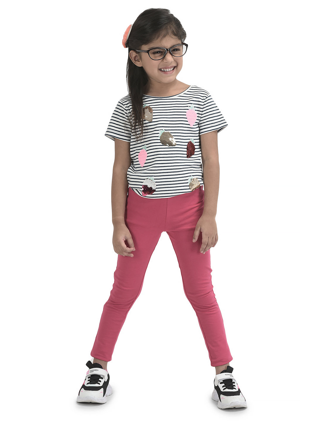 Girls Sequence All Over Strawberry Work Half sleeve Bio-Washed T-Shirt - Pink & Blue