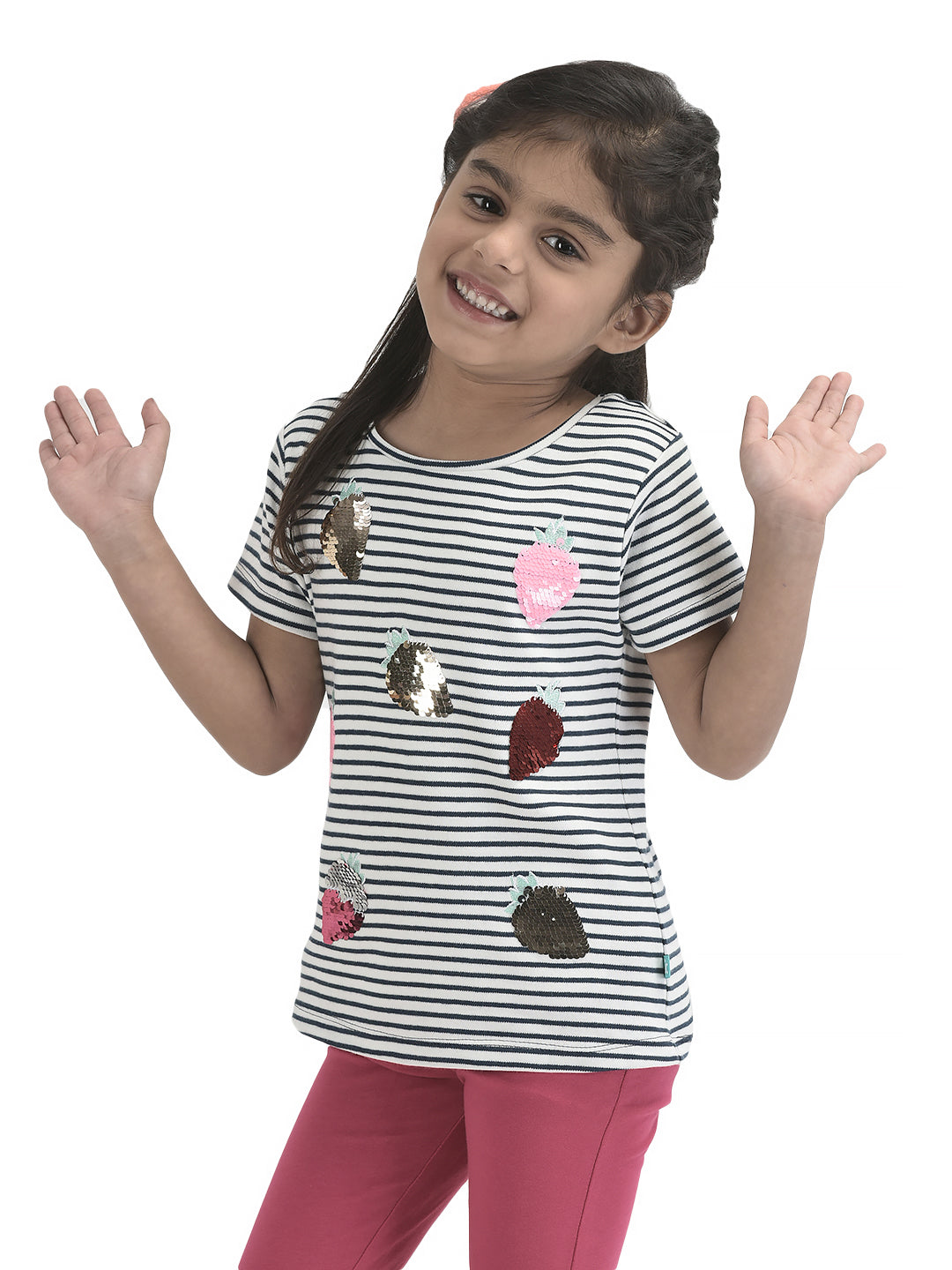 Girls Sequence All Over Strawberry Work Half sleeve Bio-Washed T-Shirt - Pink & Blue