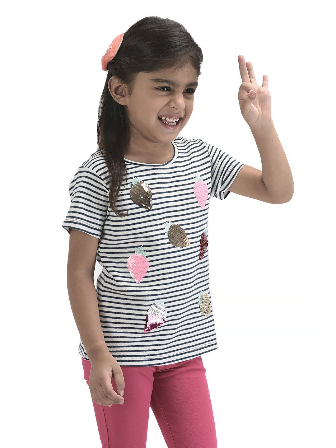 Girls Sequence All Over Strawberry Work Half sleeve Bio-Washed T-Shirt - Pink & Blue