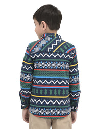 Boys' Long Sleeve Button-Up Flannel Shirt – Festive Forest & Geometric Print
