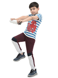 Boys Blue Stripes with Optapus Patch work Half Sleeve BioWashed T-shirts - Blue