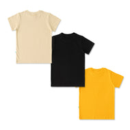 "Boys' Graphic T-Shirt Combo – Pack of 3 Fun Tees with Airplane, Racing, and Tech Designs (Beige, Black, Yellow)"