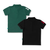 Boys' Pack of 2 Polo T-Shirts – Black & Green with Embroidered Logo