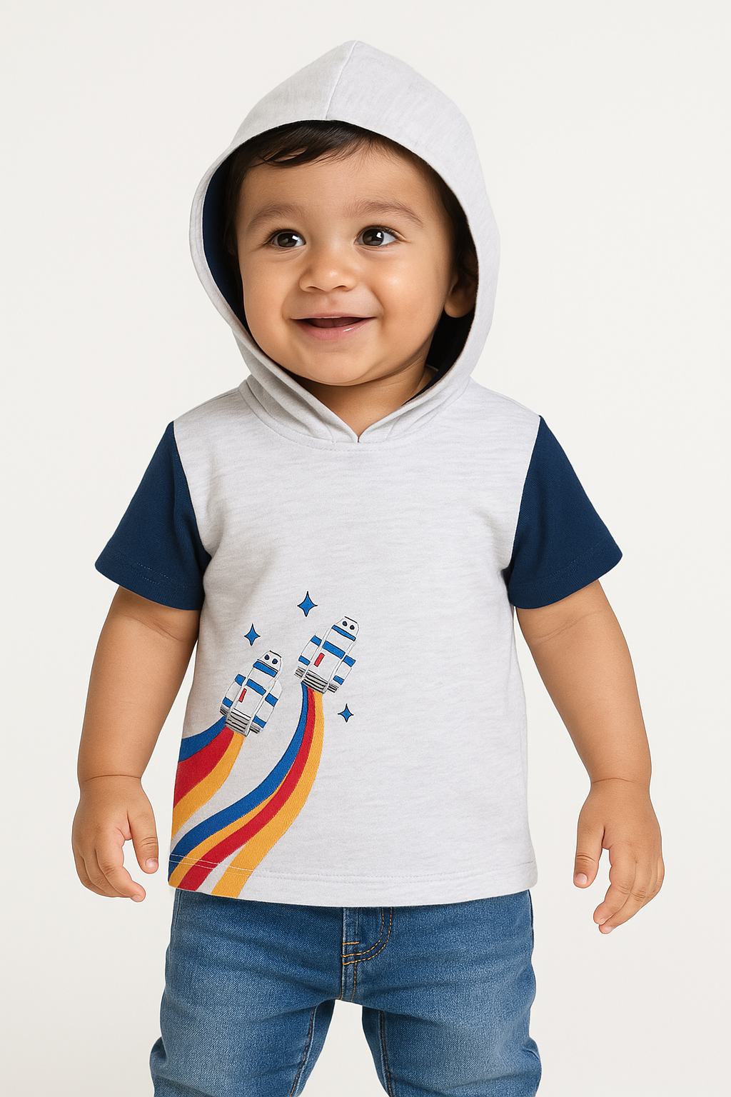 Baby Boys' Space Rocket Hoodie– Short Sleeve Colorblock Hoodie