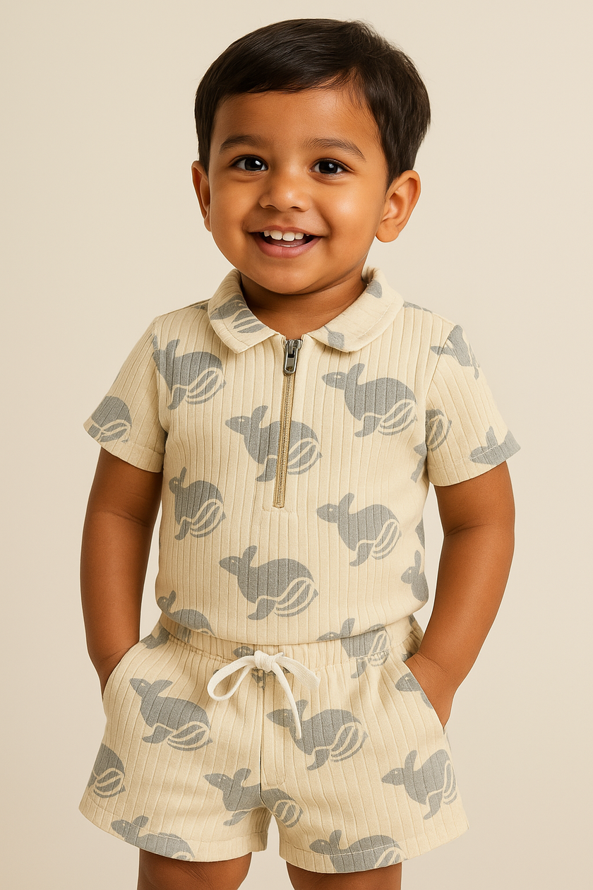 "Baby Boys Beige Fish Print Co-Ord Set – Cotton Half Sleeve T-Shirt & Shorts"