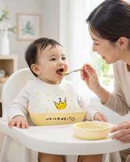 Kids Silicone Feeding Bib with Crown & Star Print – White & Yellow