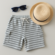 "Boys' Grey & Black Striped Cotton Cargo Shorts with Drawstring – Casual Wear"