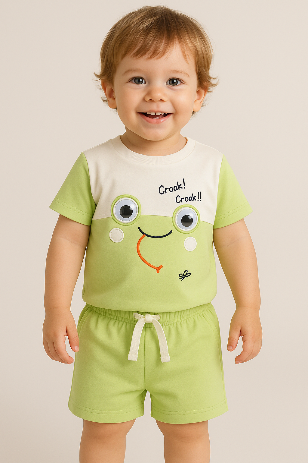 "Baby Boys Green Frog Print T-Shirt & Shorts Set with Googly Eyes – Cotton Co-Ord Set"