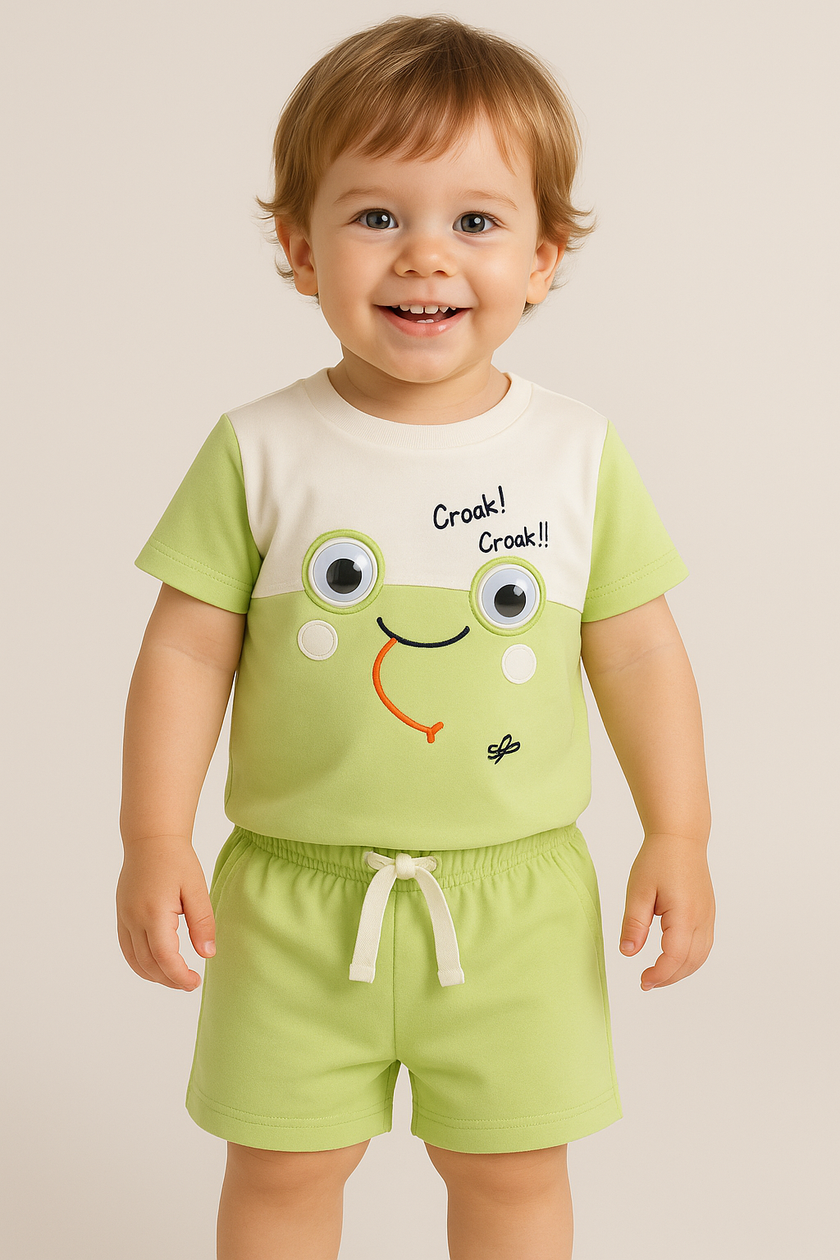 "Baby Boys Green Frog Print T-Shirt & Shorts Set with Googly Eyes – Cotton Co-Ord Set"