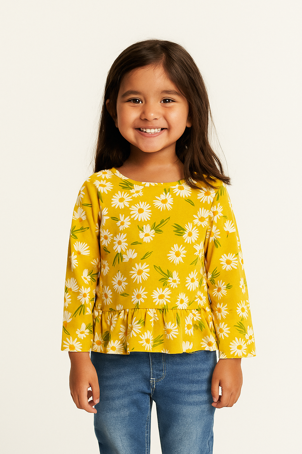 Girls' Long Sleeve Peplum Top – Mustard Yellow with White Daisy Print