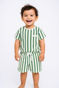"Baby Boys' Green & Blue Striped T-Shirt and Shorts Set – 2-Piece Cotton Summer Outfit"
