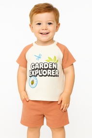 Baby Boys "Garden Explorer" T-Shirt & Shorts Set – Cotton Blend, Peach & White