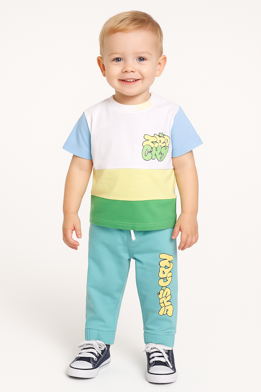 "Baby Boys' Colorblock T-Shirt & Jogger Pants Set – Cartoon Print, Cotton Blend"