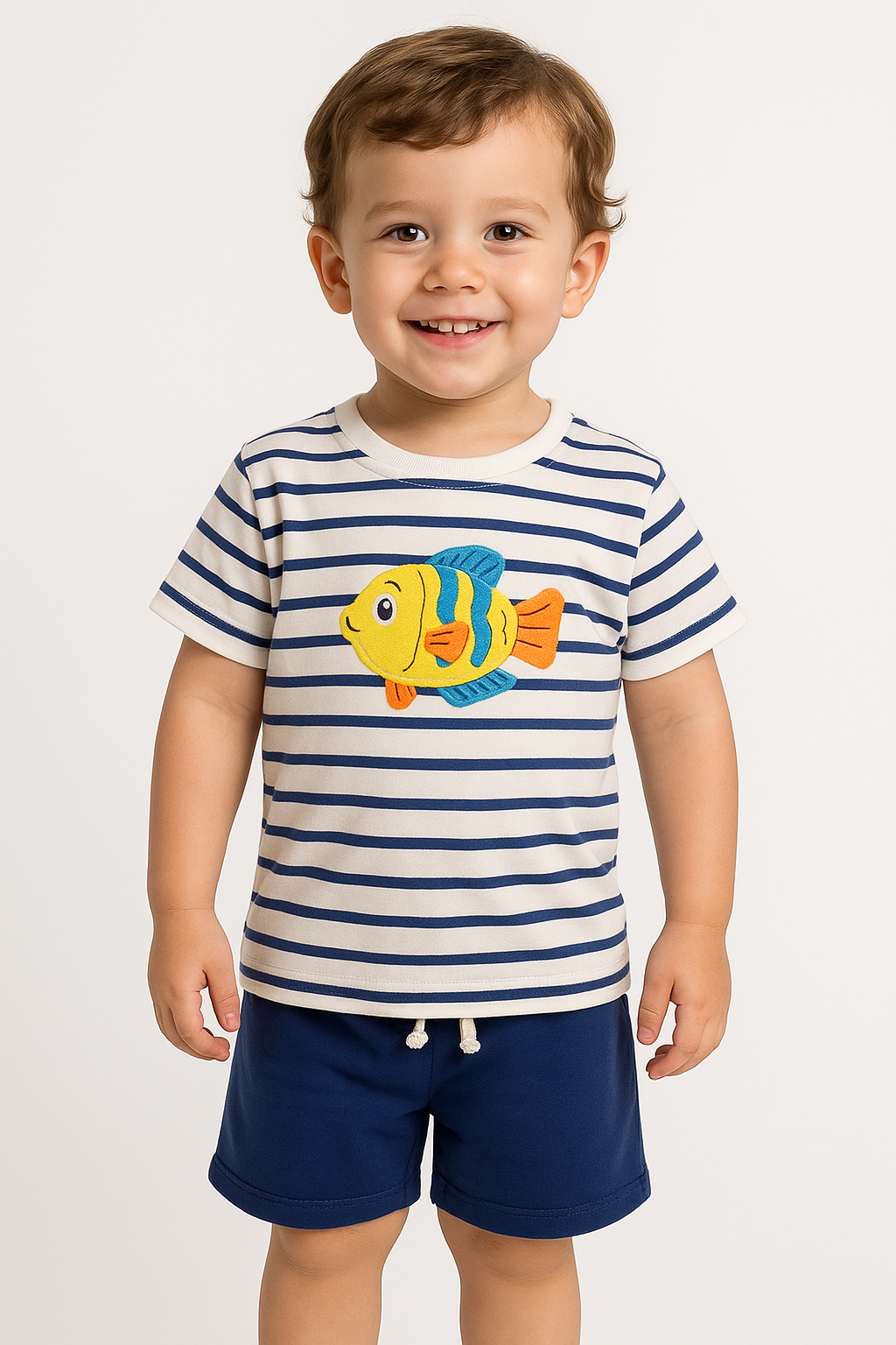 "Baby Boys' Summer Outfit Set – Striped Fish T-Shirt & Navy Drawstring Shorts"