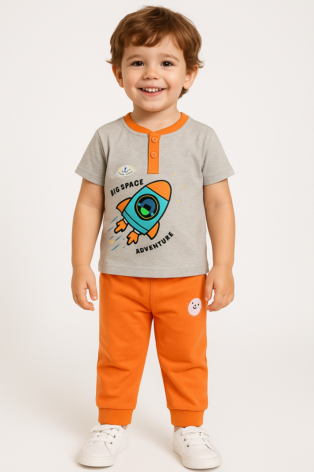 Baby Boy 2-Piece Outfit – Space Adventure Grey T-Shirt & Orange Jogger Pants Set