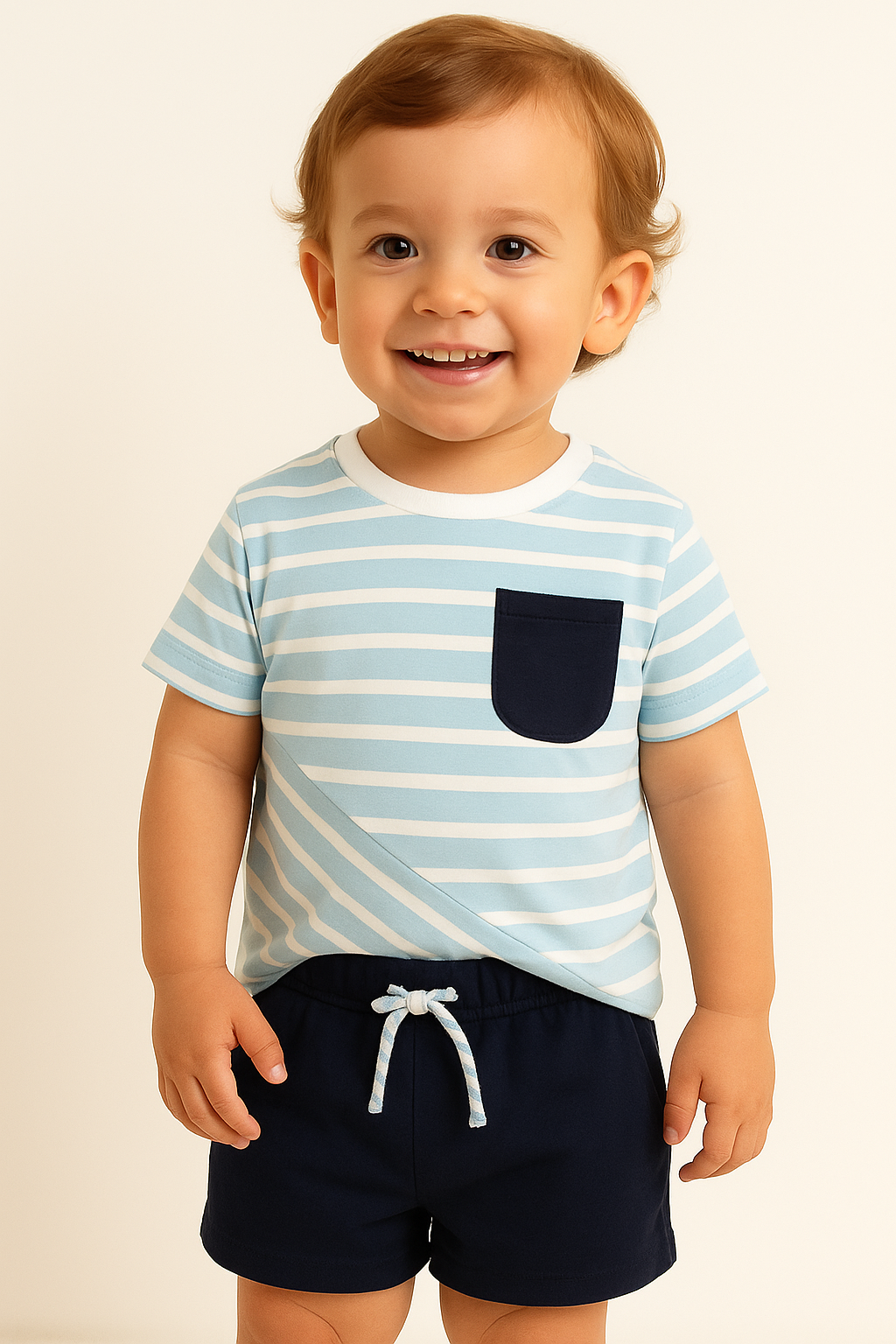 Baby Boy Striped T-Shirt and Navy Shorts Set with pocket