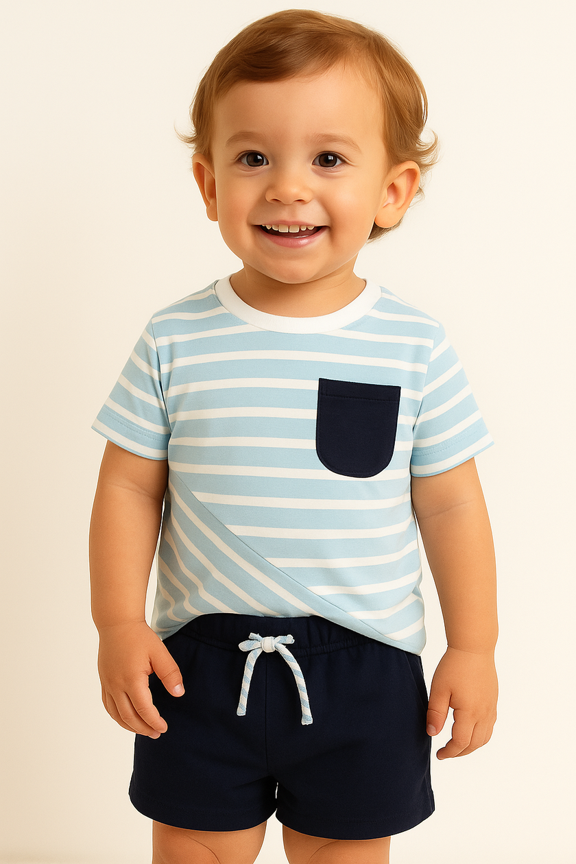 Baby Boy Striped T-Shirt and Navy Shorts Set with pocket