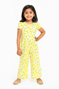 “Girls Cotton Half Sleeve Jumpsuit with Allover Lemon Print – White & Yellow”