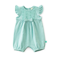 "Baby Girls Mint Green Cotton Romper with Embroidered Yoke & Bow – Flutter Sleeves"