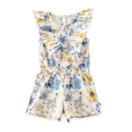 "Girls' Cotton Frill Neck Playsuit with Multicolor Floral Design - Soft Cotton, Ruffle Sleeves