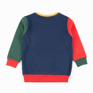"Boys' Colorblock Car Sweatshirt – Navy Blue with Red Pocket & Multicolor Sleeves"