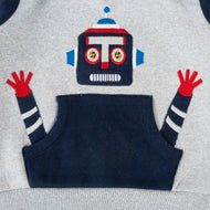Boys' Robot Design Hoodie – Grey & Navy Blue Pullover with Kangaroo Pocket