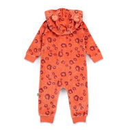 "Baby Girls Fleece Hooded Romper with Animal Ears – Orange Leopard Print"