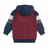 "Boys' Maroon, Navy and Grey Colorblock Hoodie with Bear Patch and Zip Closure"