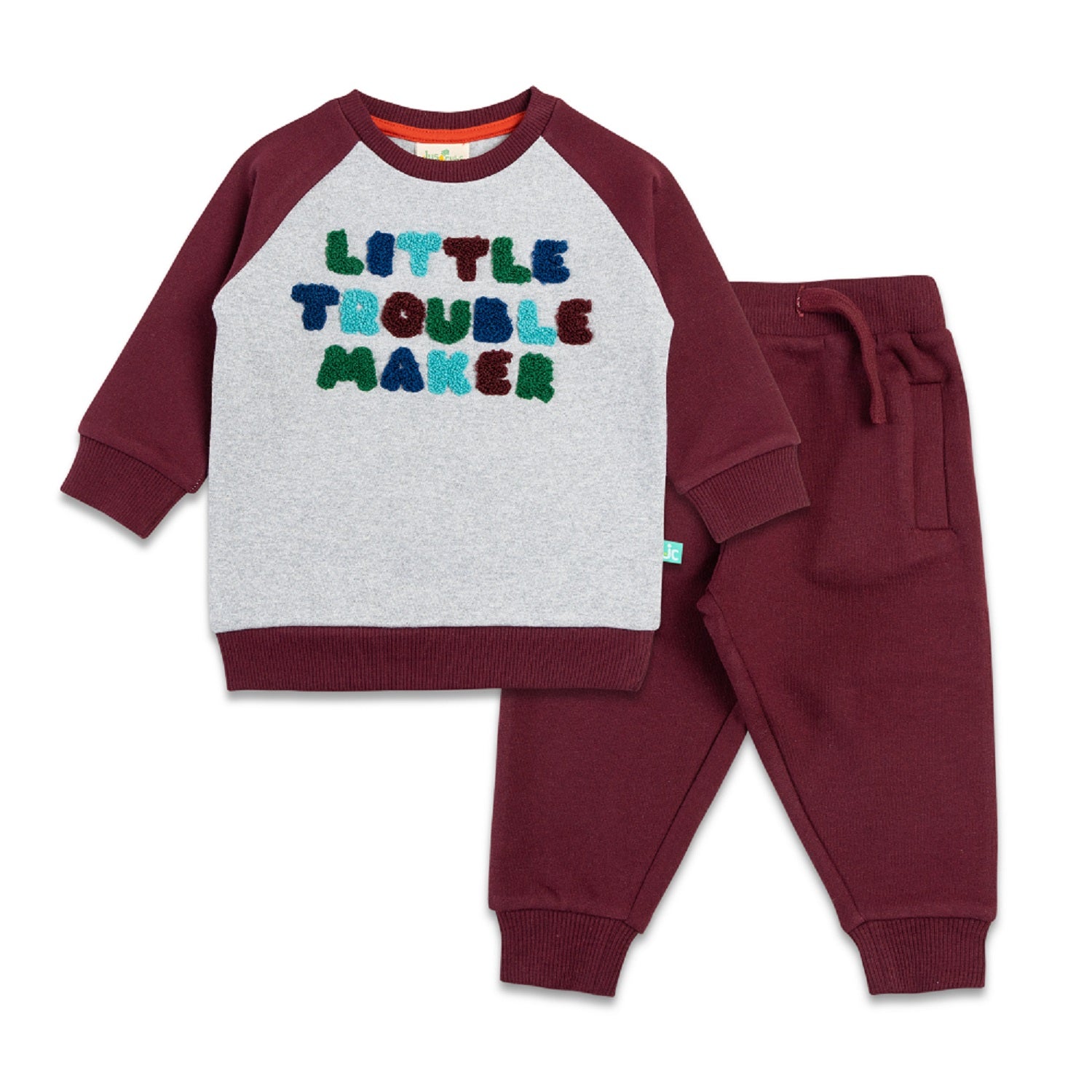 Boys Full Sleeve Little Trouble Maker Embroidery T Shirt With Jogger Pant