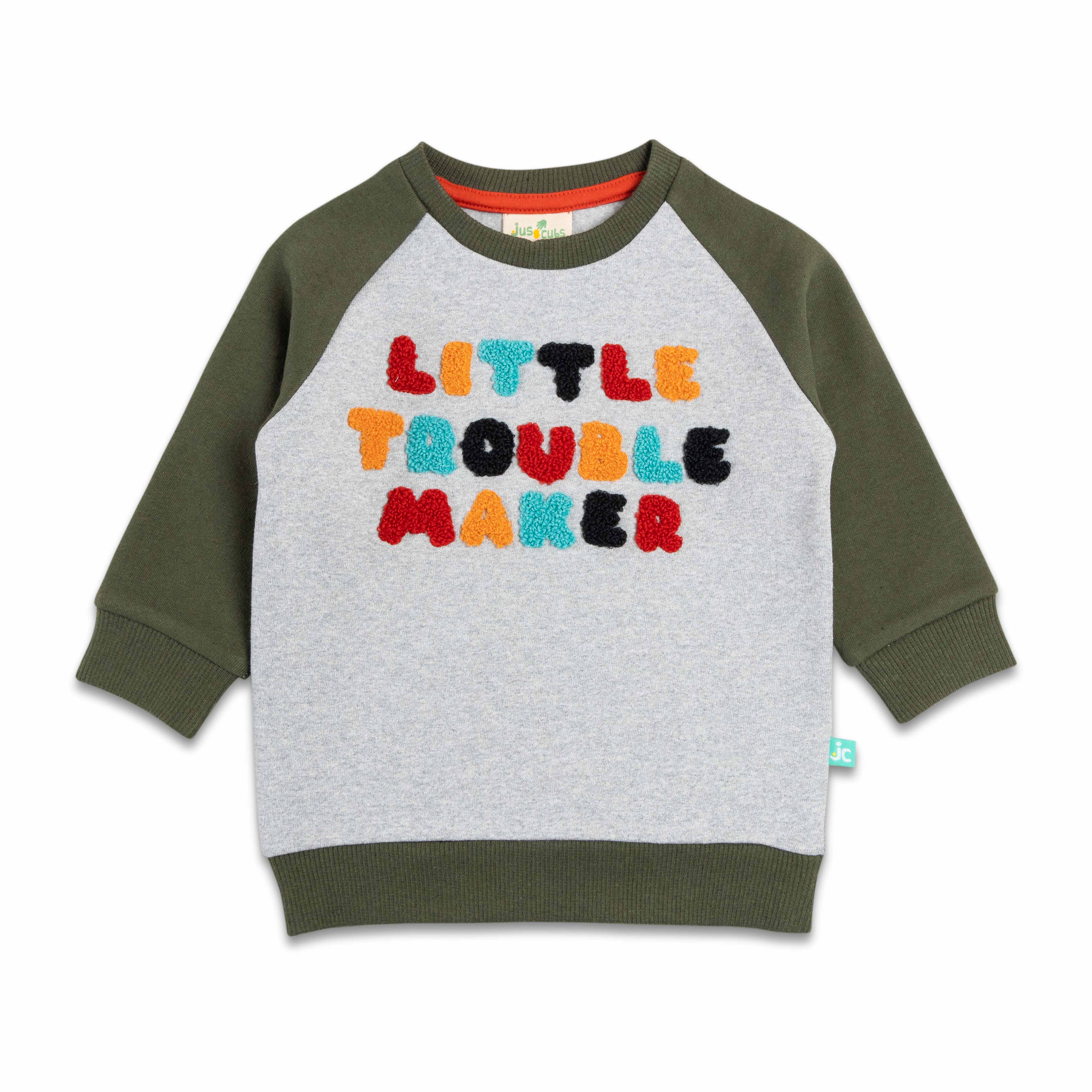 Boys Full Sleeve Little Trouble Maker Embroidery T Shirt With Jogger Pant