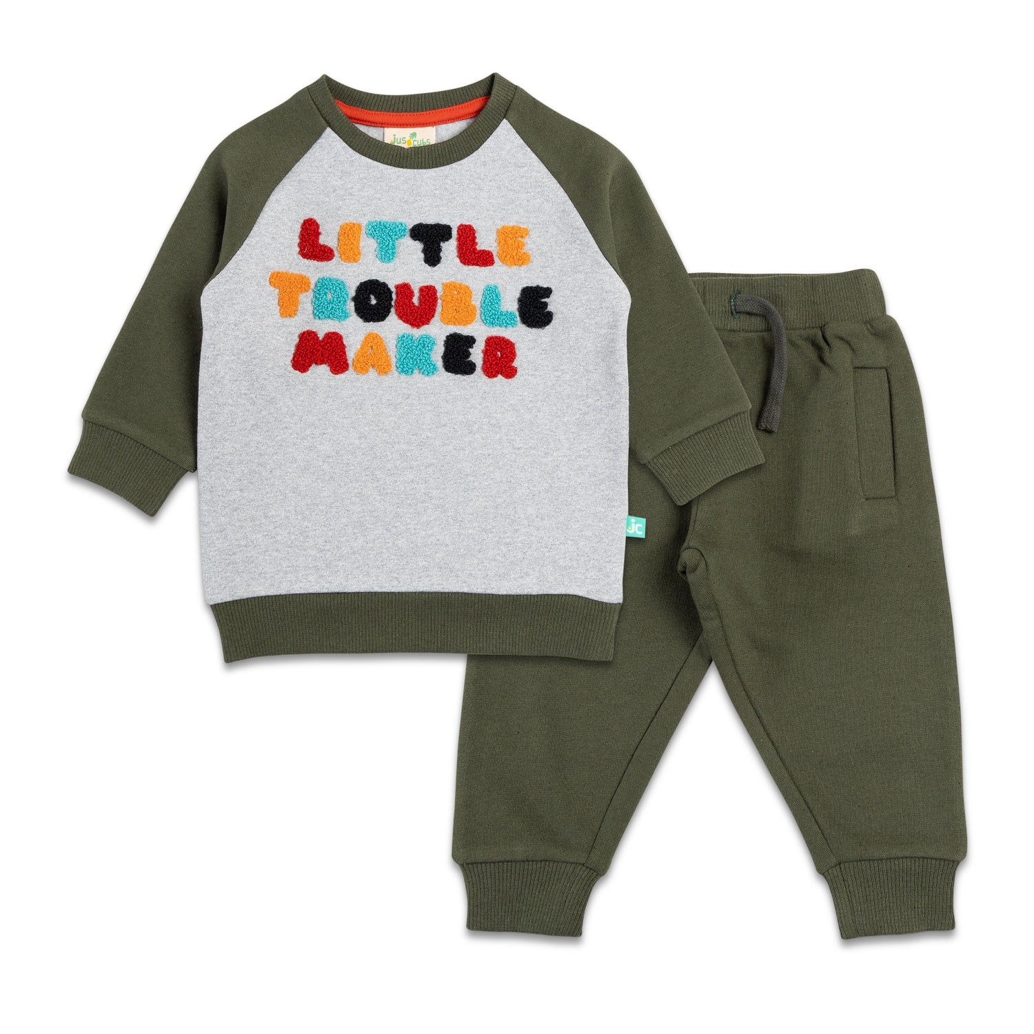 Boys Full Sleeve Little Trouble Maker Embroidery T Shirt With Jogger Pant