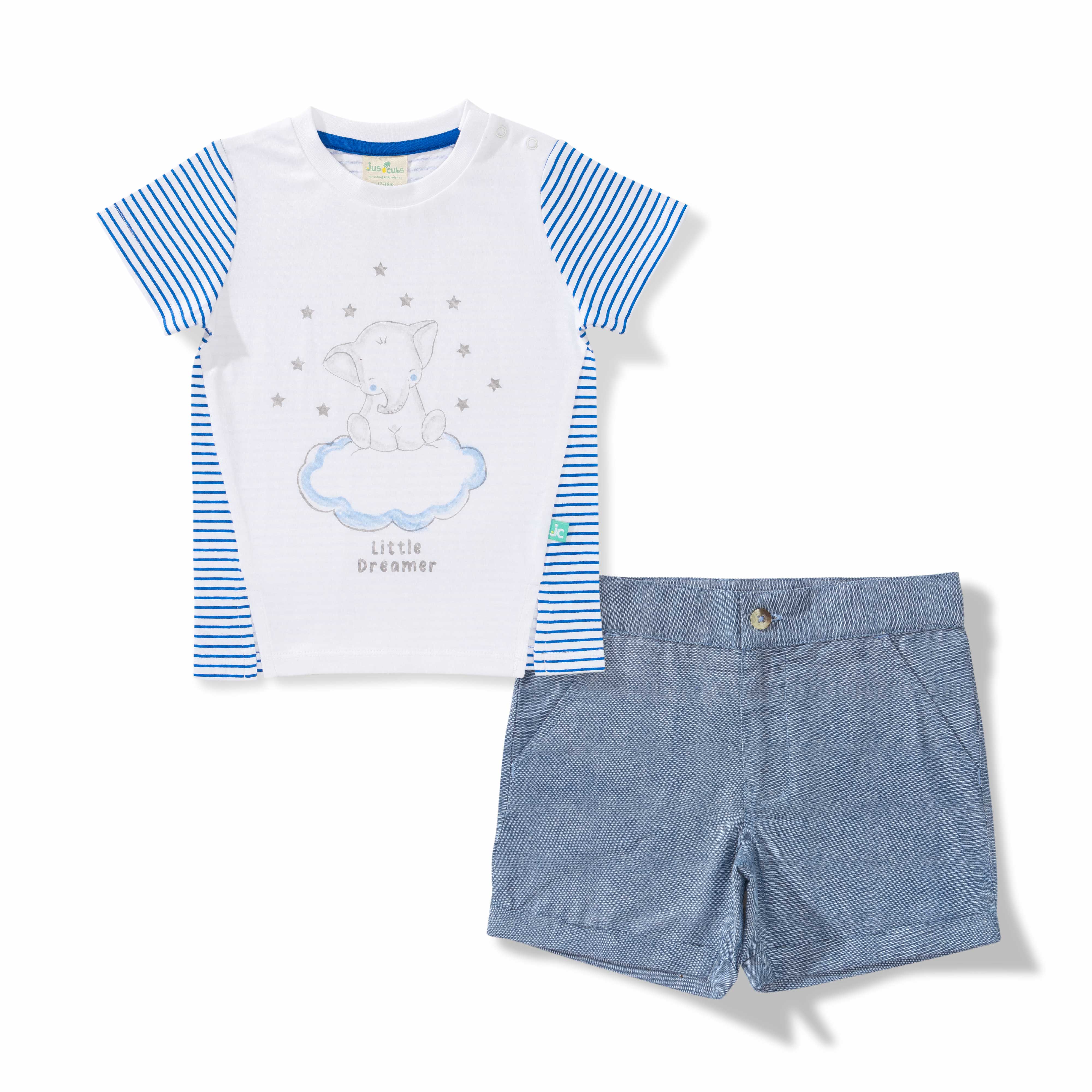 Baby Boys Striped & Little Dreamer Printed T Shirt & Solid Shorts Set