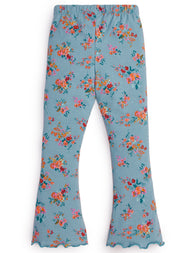 "Girls' Floral Flared Leggings – Blue with Multicolor Print"