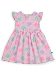"Baby Girls’ Flutter Sleeve Floral Dress – Pink with Multicolor Daisy Print & Bow Detail"