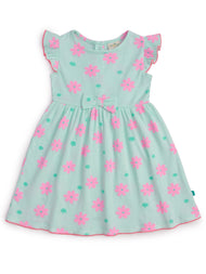 "Baby Girls’ Mint Green Flutter Sleeve Dress – Pink Floral Print with Bow Accent"