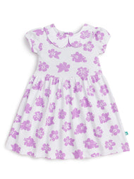 Baby Girls' Floral Print Cotton Dress – White & Lavender Short Sleeve Frock with Peter Pan Collar