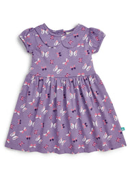 Baby Girls' Butterfly Print Cotton Dress – Purple Short Sleeve Frock with Peter Pan Collar