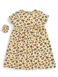 Baby Girls' Leopard Print Dress with Matching Hair Scrunchie – Short Sleeve Cotton Dress with Bow Detail