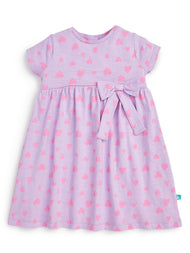 Baby Girls' Pink Heart Print Dress – Short Sleeve Lilac Cotton Dress with Bow Detail