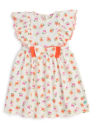 Girls' Floral Ruffle Sleeve Dress – White Summer Dress with Orange Bow and Colorful Flower Print