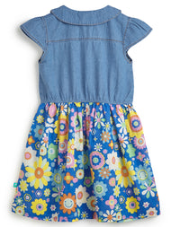 Girls' Denim Top Dress with Embroidered Peter Pan Collar and Vibrant Floral Print Skirt