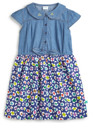 Girls' Denim Top Dress with Embroidered Peter Pan Collar and Colorful Leopard Print Skirt