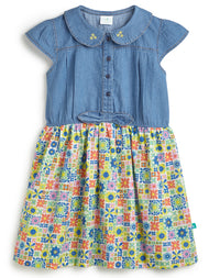 Girls' Denim Top Dress with Embroidered Peter Pan Collar and Colorful Geometric Print Skirt