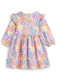 Girls' Multicolor Floral Print Dress with Peter Pan Collar and Ruffle Sleeves