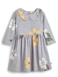 Girls' Grey Floral Print Dress with Peter Pan Collar