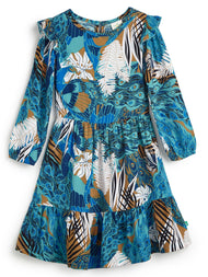 Girls' Blue & Brown Abstract Printed Dress with Ruffle Details